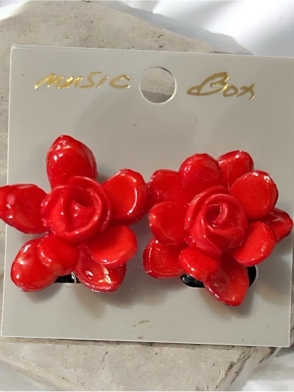 Red Flower Earrings - Statement Floral Clip-Ons